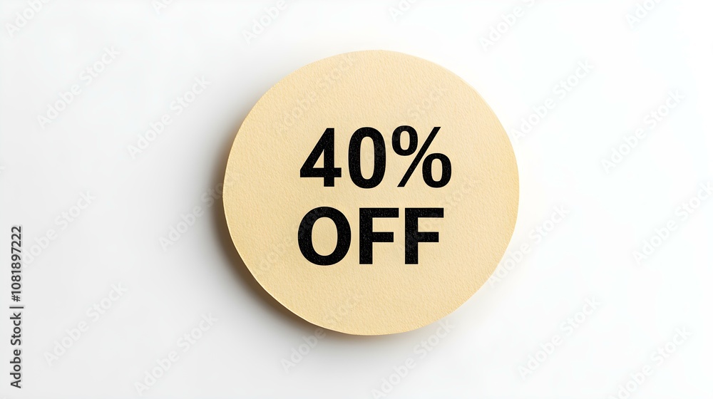 Black '40% OFF' Text on a Light Yellow Round Paper Note. White Background with Copy Space Black '40% OFF' Text on a Light Yellow Round Paper Note. White Background with Copy Space