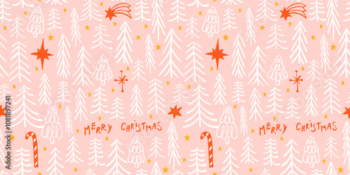 Seamless Christmas patterns with doodle fir tree forest. Trendy xmas design. Hand drawn vector illustration. Holiday background, wrapping paper.