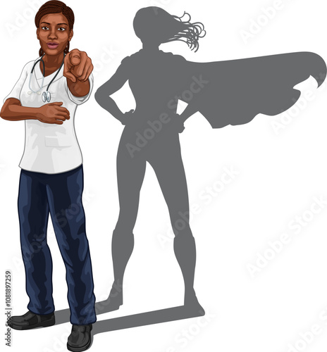 A super hero black woman doctor or nurse medical healthcare health professional in scrubs pointing. Revealed to be a superhero by her shadow.