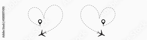  plane flight route. Airplane travel concept, symbol on isolated background.