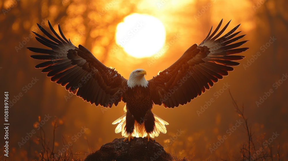 Obraz premium Majestic eagle spreading its wings against stunning sunset backdrop, showcasing beauty of nature and freedom. warm glow of sun enhances scenes emotional impact
