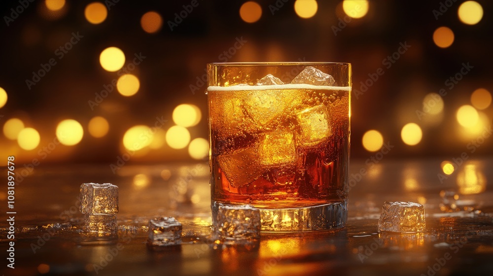 Close-Up of a Refreshing Glass of Whiskey on Ice Surrounded by Soft Bokeh Lights in an Elegant Atmosphere for an Inviting Beverage Experience Close-Up of a Refreshing Glass of Whiskey on Ice Surrounded by Soft Bokeh Lights in an Elegant Atmosphere for an Inviting Beverage Experience