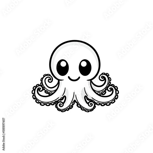 Cute Cartoon Octopus with Big Eyes and Swirly Tentacles Ideal for Children's Materials, Marine Themes, and Whimsical Designs Celebrating Ocean Life photo