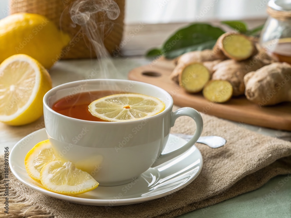 Long Exposure of Adding Fresh Lemon Slice to a Cup of Ginger Tea, Capturing the Herbal Essence and Calm Vibes of Alternative Medicine in a Cozy Setting Long Exposure of Adding Fresh Lemon Slice to a Cup of Ginger Tea, Capturing the Herbal Essence and Calm Vibes of Alternative Medicine in a Cozy Setting