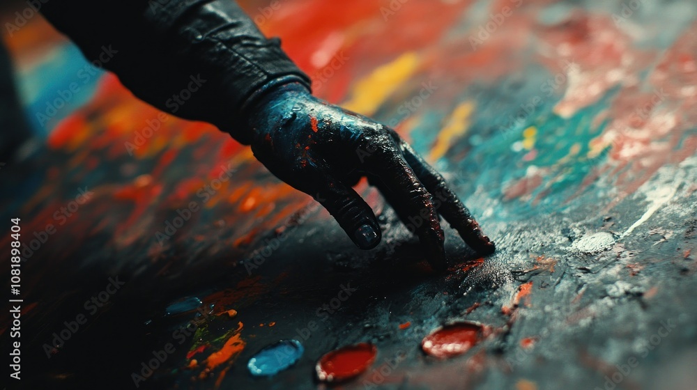 Naklejka premium A Hand Covered in Paint Reaches Towards a Colorful Palette