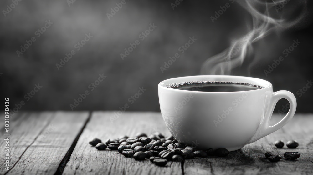A white cup of steaming coffee sits on a wooden table with coffee beans scattered nearby. A white cup of steaming coffee sits on a wooden table with coffee beans scattered nearby.