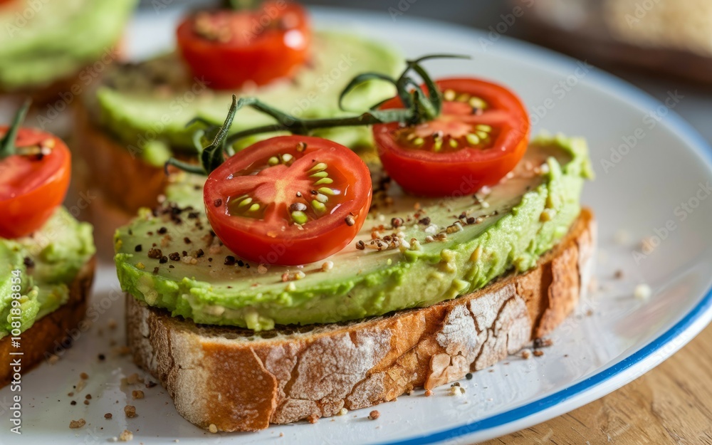 Avocado toast with tomatoes. Delicious avocado toast topped with fresh tomatoes, a healthy and vibrant breakfast or snack. Represents freshness and simple goodness. Avocado toast with tomatoes. Delicious avocado toast topped with fresh tomatoes, a healthy and vibrant breakfast or snack. Represents freshness and simple goodness.