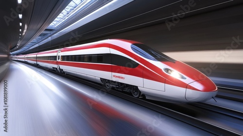 High-Speed Train Expressing Dynamic Motion Through Modern Train Station, Showcasing Sleek Design, Innovative Technology, and Motion Blur Effect for a Futuristic Look