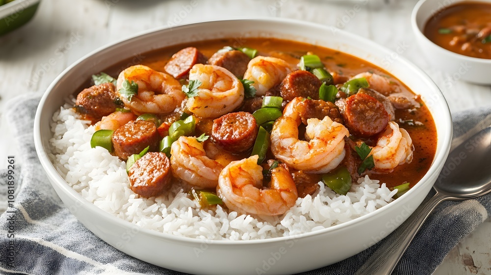 A bowl of New Orleans gumbo, spicy stew with shrimp, sausage, and okra served over rice.
A bowl of New Orleans gumbo, spicy stew with shrimp, sausage, and okra served over rice.