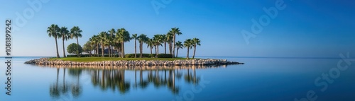 Tranquil remote island waterfront adorned with palm trees swaying gently in the breeze.