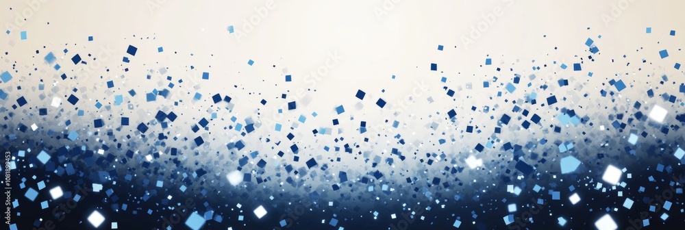 Fototapeta premium Abstract Light Beige Background With Falling Blue Square Confetti, Defocused Holiday Lights