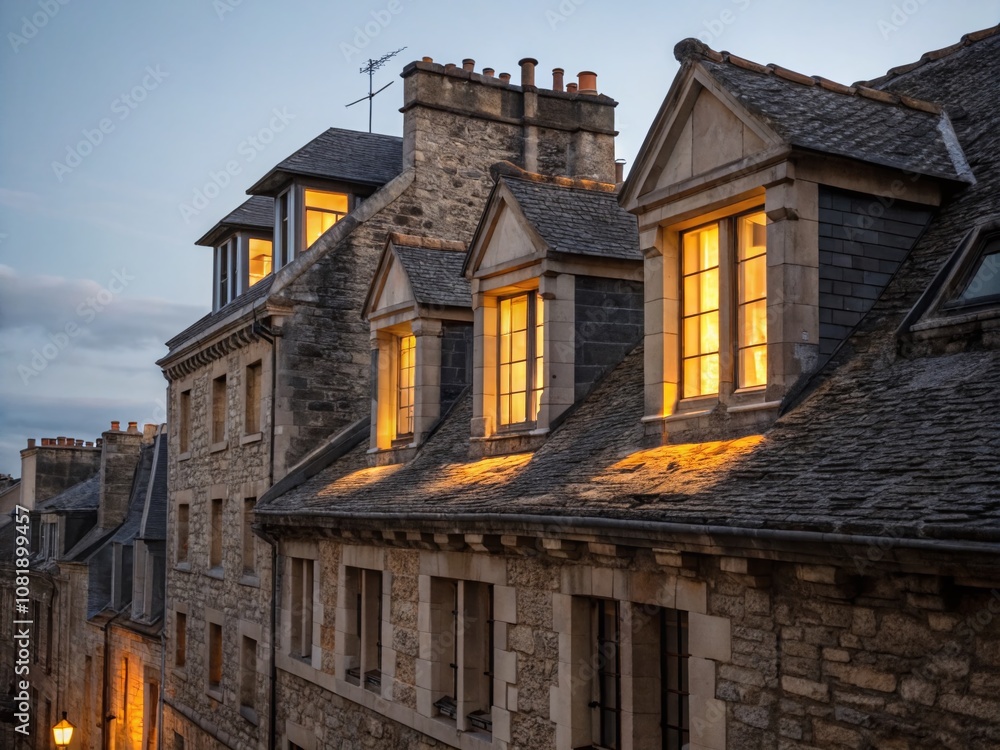 Low Light Photography of Rooftop Windows on an Old Stone Building Showcasing Architectural Beauty and Historical Charm in a Softly Lit Urban Environment at Dusk Low Light Photography of Rooftop Windows on an Old Stone Building Showcasing Architectural Beauty and Historical Charm in a Softly Lit Urban Environment at Dusk