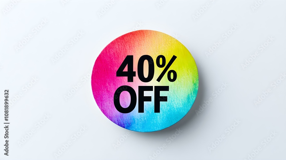 Black '40% OFF' Text on a Multicolor Round Paper Note. White Background with Copy Space Black '40% OFF' Text on a Multicolor Round Paper Note. White Background with Copy Space