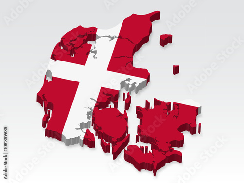 3D  Denmark map with flag. Three dimensional map of Denmark with shadow. Flag Kingdom of Denmark on white background for your design, app, UI.  Stock vector. EPS10. 