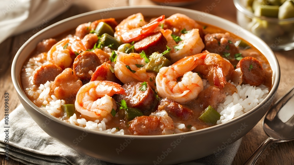A bowl of New Orleans gumbo, spicy stew with shrimp, sausage, and okra served over rice.
A bowl of New Orleans gumbo, spicy stew with shrimp, sausage, and okra served over rice.