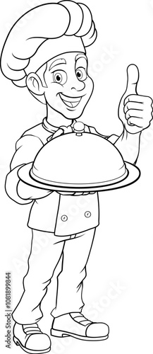 A chef or baker cartoon cook giving thumbs up and holding a platter plate with cloche mascot character illustration