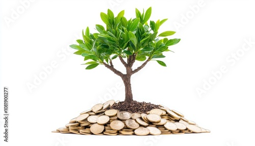 thriving tree growing pile coins concept. A small green tree grows from a mound of coins, symbolizing growth, prosperity, and the connection between nature and finance.