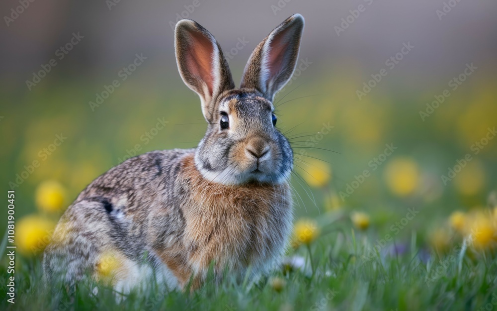 Fototapeta premium Bunny in meadow. Wild rabbit in spring meadow. A symbol of new life and springtime.