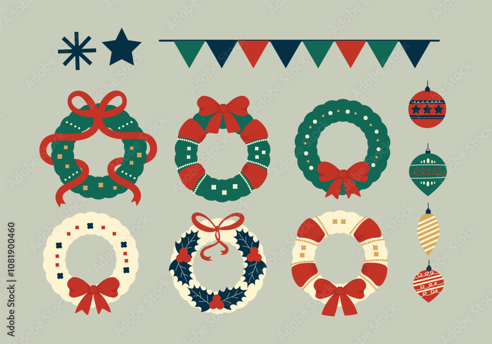 Fototapeta premium Christmas door wreath illustration style collection