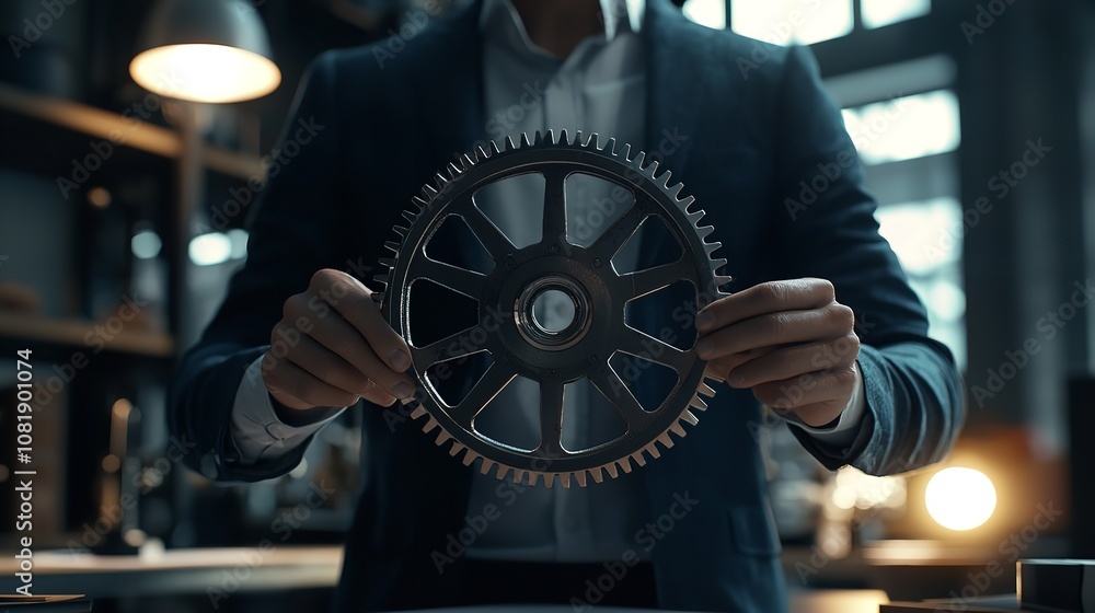 Office worker holding cog wheel as unity and teamwork Office worker holding cog wheel as unity and teamwork