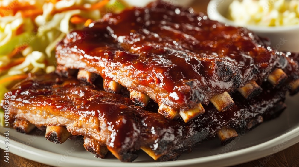 A plate of BBQ pork ribs with a side of coleslaw. A plate of BBQ pork ribs with a side of coleslaw.