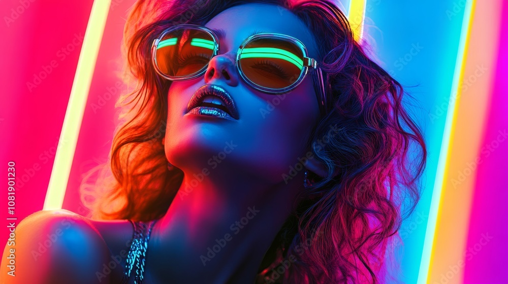 A neon light fashion shoot with a woman surrounded by bright neon colors, creating a modern and trendy portrait