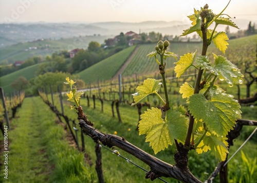 Macro Photography of a Lush Vineyard in Reggio Emilia Hills During Springtime, Capturing the Vibrant Green Leaves, Blossoming Vines, and Soft Morning Light in Italy's Scenic Landscape