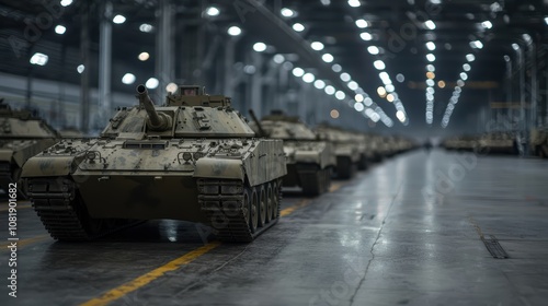 The image depicts a row of military tanks lined up in an industrial facility, illuminated by bright overhead lights, showcasing military machinery and engineering.
