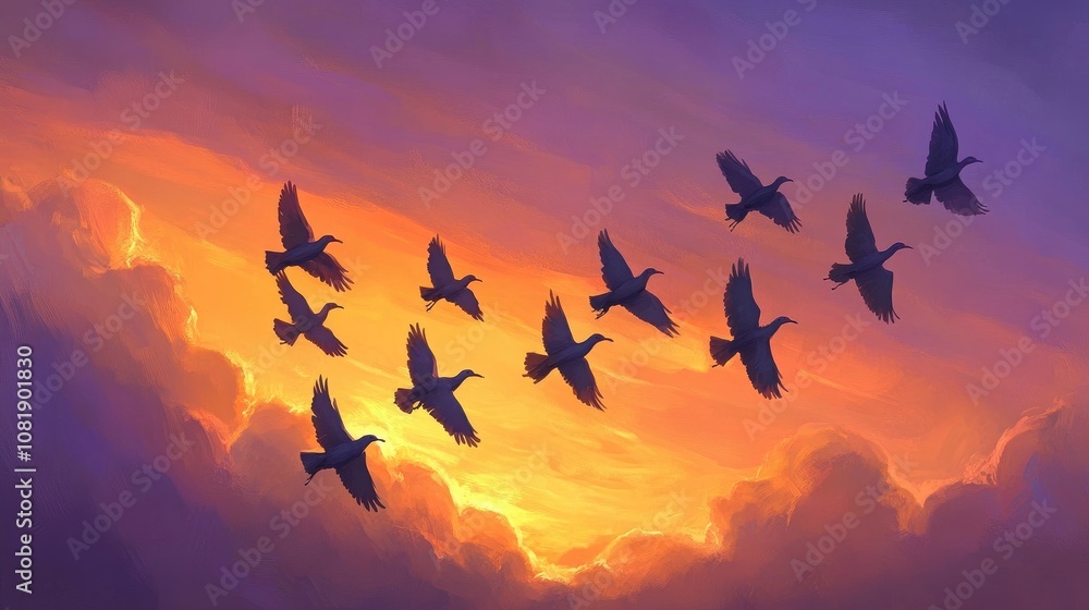 Flock of Birds Flying Against a Colorful Sunset Sky with Dramatic Clouds and Warm Tones Illuminating the Horizon Flock of Birds Flying Against a Colorful Sunset Sky with Dramatic Clouds and Warm Tones Illuminating the Horizon