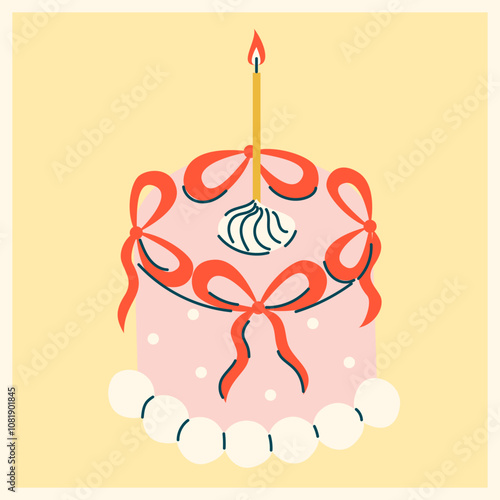 Cute retro cake with candle in coquette style.  Hand drawn nostalgic dessert vector illustration. Funny birthday background, poster, card, social media banner.