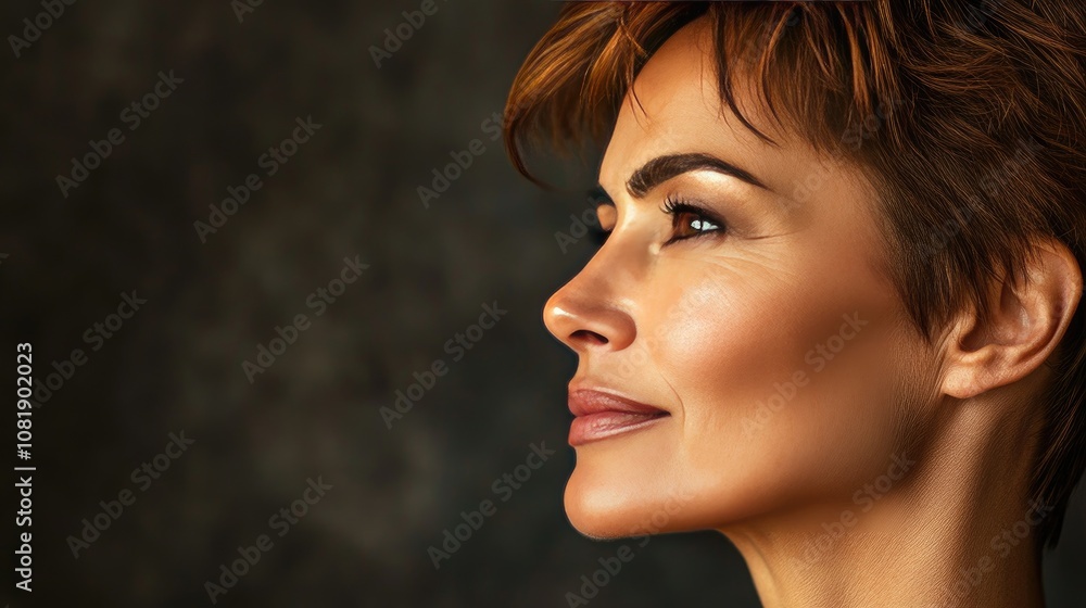 Elegant Profile of a Woman with Short Hair Against a Textured Background, Capturing Grace and Confidence in a Thoughtful Pose Elegant Profile of a Woman with Short Hair Against a Textured Background, Capturing Grace and Confidence in a Thoughtful Pose