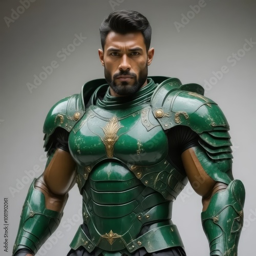 arafed man in green armor posing for a picture