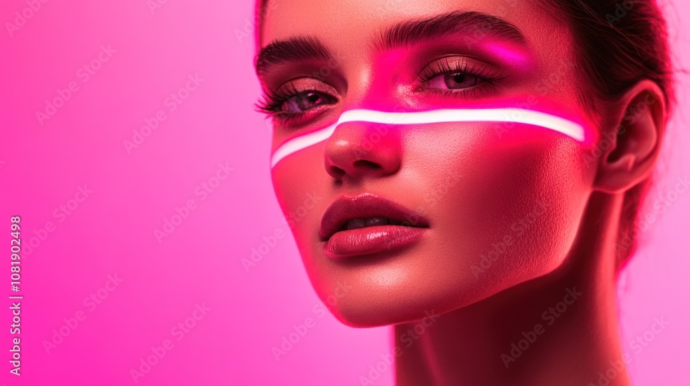 A close-up portrait of a young woman with a white neon line across her face, against a pink background. A close-up portrait of a young woman with a white neon line across her face, against a pink background.