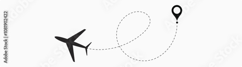  plane flight route. Airplane travel concept, symbol on isolated background.