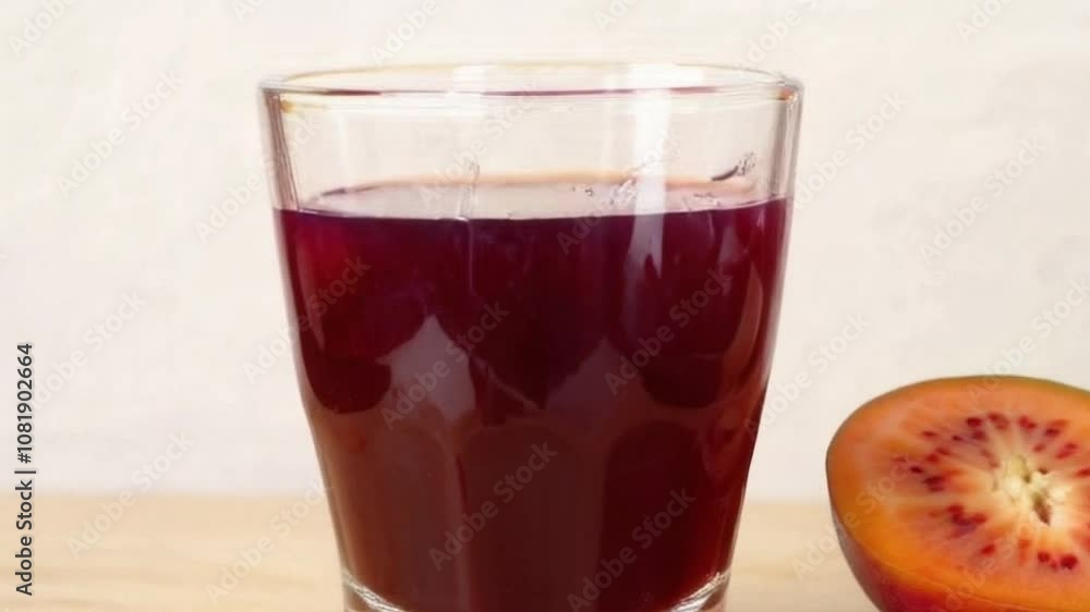 tamarillo juice pouring into a glass with vibrant color, next to sliced fruit on a natural backdrop, fresh tamarillo juice being poured into a glass with the ripe fruit placed beside it tamarillo juice pouring into a glass with vibrant color, next to sliced fruit on a natural backdrop, fresh tamarillo juice being poured into a glass with the ripe fruit placed beside it