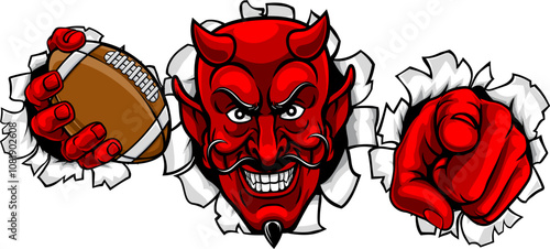A devil man holding American football ball, breaking through the background and pointing sports team mascot illustration.
