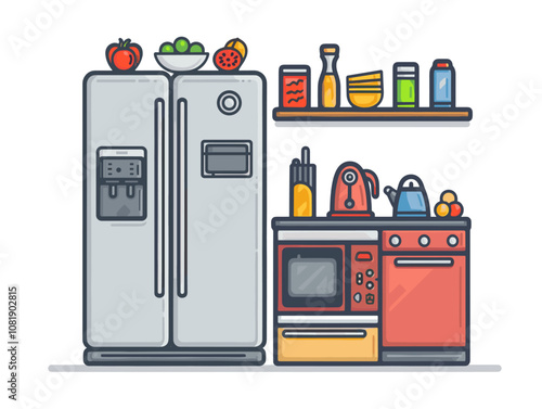 Kitchen interior with fridge, stove and oven. Vector illustration.