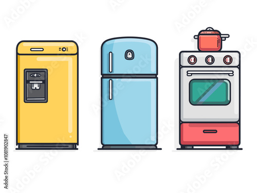 Three appliances, a refrigerator, an oven, and a water dispenser, are shown in a row