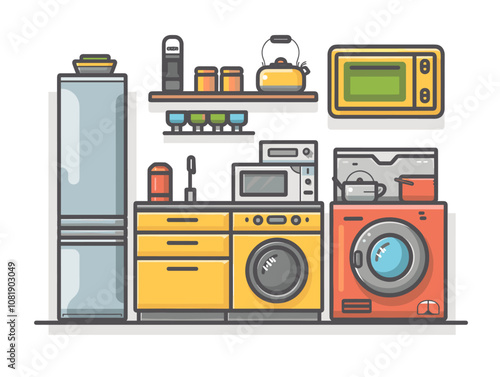 Kitchen interior with fridge, stove and oven. Vector illustration.