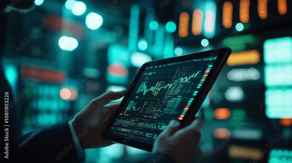 Businessman Analyzing Real Time Digital Asset Data on Tablet for Modern Financial Management Businessman Analyzing Real Time Digital Asset Data on Tablet for Modern Financial Management