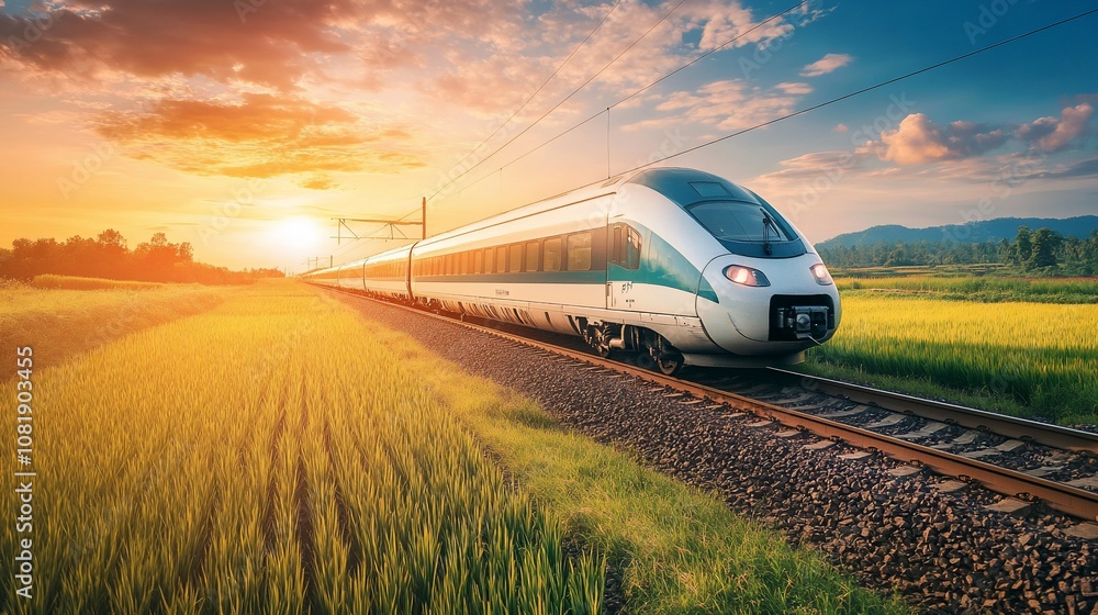 Modern high-speed train traveling through a field at sunset. Modern high-speed train traveling through a field at sunset.