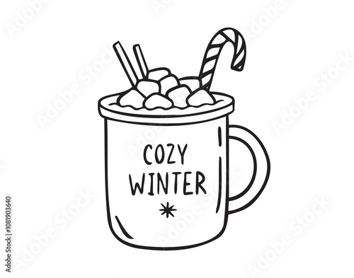 Cup of hot cocoa with marshmallows and candy cane doodle hand drawn isolated icon. Doodle cocoa cup for Christmas 