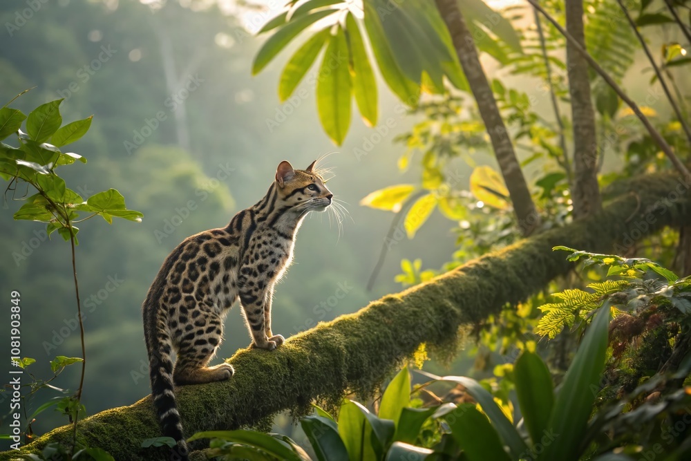 Majestic Margay Cat Resting on a Branch in Lush Tropical Forest of Honduras and Costa Rica with Vibrant Greenery and Soft Sunlight Filtering Through the Leaves Majestic Margay Cat Resting on a Branch in Lush Tropical Forest of Honduras and Costa Rica with Vibrant Greenery and Soft Sunlight Filtering Through the Leaves