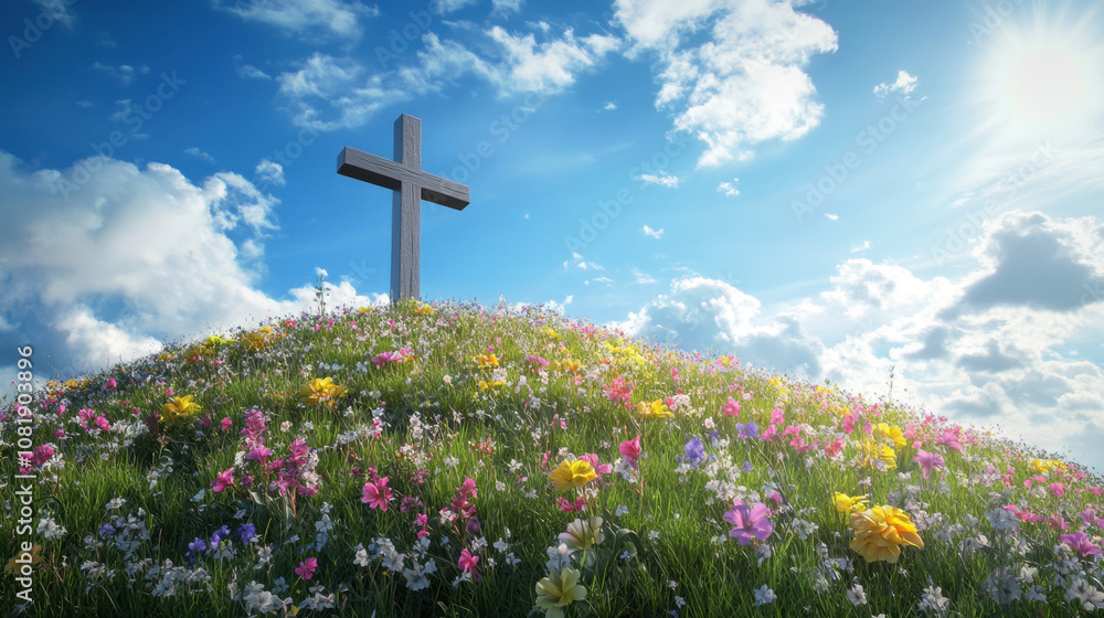 serene Christian cross stands on hill adorned with vibrant flowers under bright blue sky, evoking sense of peace and hope serene Christian cross stands on hill adorned with vibrant flowers under bright blue sky, evoking sense of peace and hope