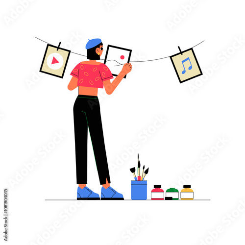 Female Artist Hanging Artworks In Flat Vector Illustration Symbolizing Creativity, Art Production, And Visual Design, Isolated On White Background