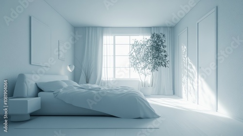 Serene and Minimalist Bedroom Interior Design with Large Windows, Natural Light, Indoor Plants, and Soft Textures for a Calm and Inviting Atmosphere