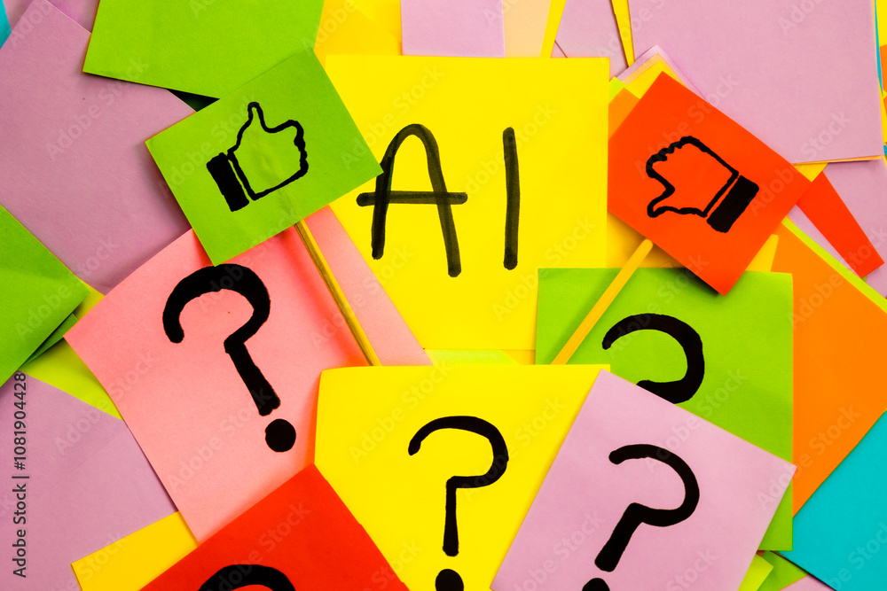 © Answer 7 - Yellow sticky note with black lettering saying AI with like and dislike flag on colored papers with question marks, concept of acceptance and dislike about the AI and the future