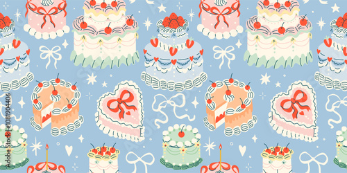 Cute retro cakes seamless pattern with cherries and strawberries in coquette style.Hand drawn nostalgic dessert vector illustration. Funny birthday background, poster, social media banner.
