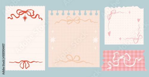 Modern torn paper, notebook sheets and colour tape collage set with cute bows.  Elements for poster, social media, banners. Trendy vector illustration.