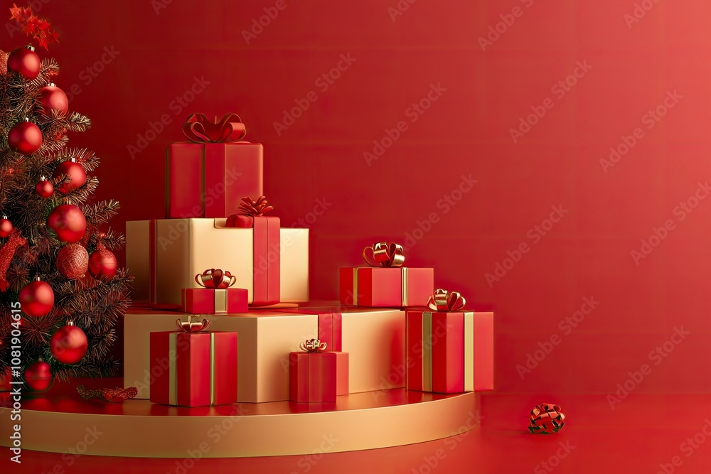 Christmas background with gold platform, toys. New Year greeting card, poster, banner with red gift boxes, presents - 3D, render. Showcase, podium, pedestal for products, shop windows and magazines. Christmas background with gold platform, toys. New Year greeting card, poster, banner with red gift boxes, presents - 3D, render. Showcase, podium, pedestal for products, shop windows and magazines.